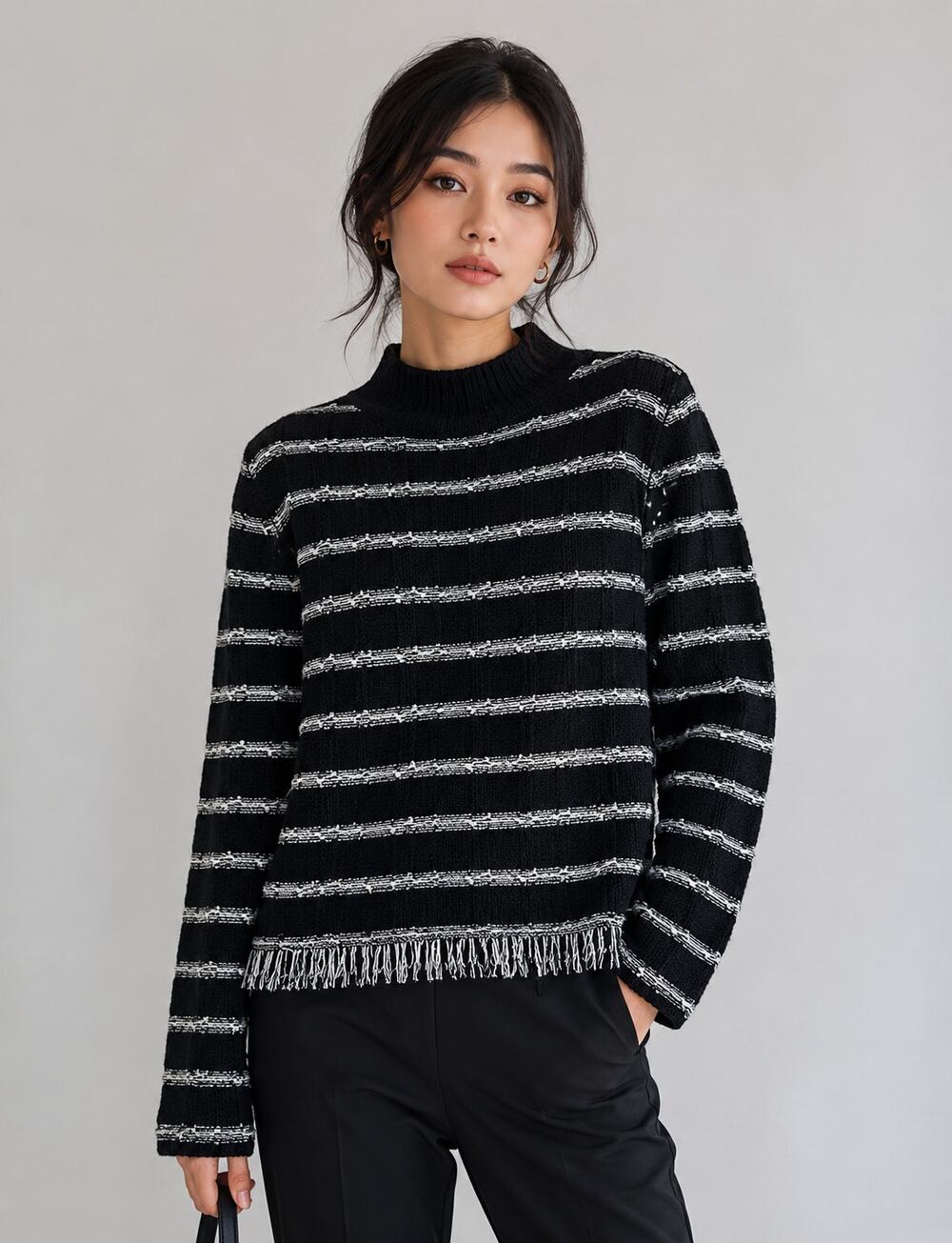 Ming Wang Black White Chunky Knit Sweater Womens M Fringe Preppy Pullover Mock
